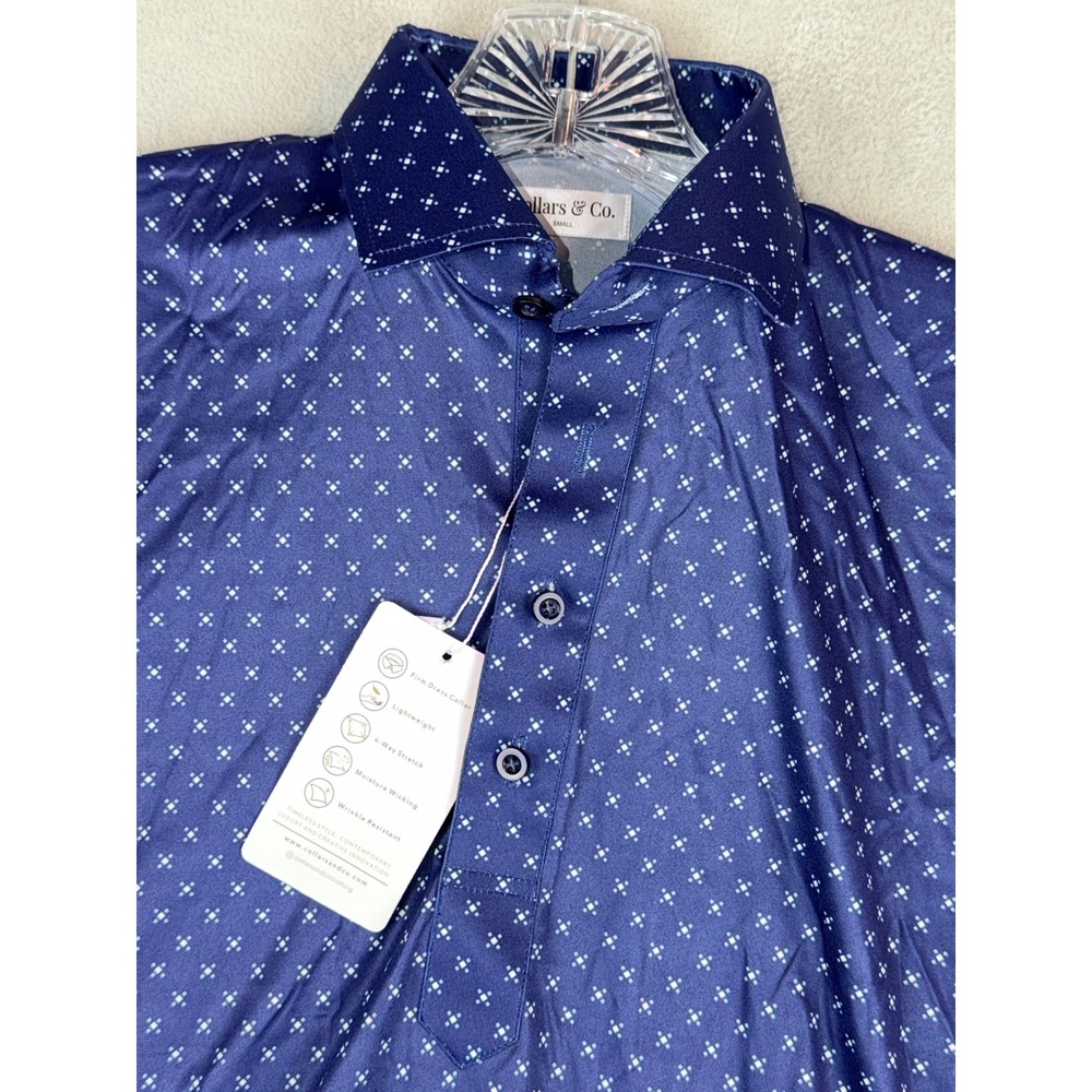 Collars & Co Mens Small Navy Blue Geometric Print Dress Collar Polo Shirt NWT
